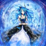  blue blue_hair blue_rose bow closed_eyes dress eyes_closed flower horns long_hair original rose youji-kun 