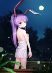  alternate_hairstyle animal_ears back bare_back blush bunny_ears from_behind full_moon highres inaba_udongein_reisen long_hair looking_back moon naked_towel night night_sky outdoors ponytail purple_hair red_eyes reisen_udongein_inaba sky smile solo star touhou towel tucana 