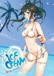  bird blush breasts choker cleavage earrings flower food green_eyes green_hair hair_flower hair_ornament ice_cream jewelry mouth_hold navel o-ring_top ocean original palm_tree popsicle remana side-tie_bikini sideboob solo submerged swimsuit thigh_strap tree underboob wading water 