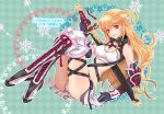  ahoge argyle argyle_background blonde_hair blush boots breasts choker gloves gradient_hair green_background green_hair long_hair midriff milla_maxwell multicolored_hair panties pantyshot pantyshot_(sitting) pantyshot_sitting red_eyes sitting skirt smile solo sword tales_of_(series) tales_of_xillia tooco tubetop underwear weapon white_panties 