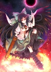  1girl arm_cannon bad_id black_hair black_wings breasts brown_hair cape dress fire highres large_wings long_hair mismached_footwear mismatched_footwear nunucco red_eyes reiuji_utsuho smile solo third_eye touhou weapon wings 