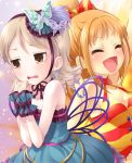  2girls bow breasts butterfly butterfly_wings cleavage closed_eyes collarbone drill_hair earrings frills hair_bow hair_ornament hino_akane_(idolmaster) idolmaster idolmaster_cinderella_girls jewelry long_hair morikubo_nono multiple_girls open_mouth orange_hair ponytail short_hair silver_hair sleeveless tears tilm wings wrist_cuffs yellow_eyes 
