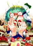  blank_eyes cake candy cookie dessert eating food frog fruit grapes green_hair hair_tubes icing kochiya_sanae koutamii messy solo strawberry sweats sweets swiss_roll tears touhou whip_cream whipped_cream x_x 