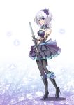  aqua_eyes earring elbow_gloves flower gothic_lolita green_eyes hair_bow hairband high_heels highres jewelry kaihou_kakeru katana lolita_fashion midriff open_mouth original pantyhose petals purple_hair rose short_hair silver_hair solo sword weapon 