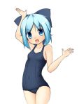  blue_eyes blue_hair bow cirno hair_bow kinakomoti one-piece_swimsuit open_mouth school_swimsuit simple_background skin_tight solo swimsuit touhou 