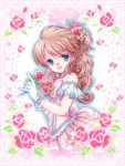  brown_hair dress flower frills gloves jewelry kasumi_miruchi leaf long_hair original pink_rose princess rose smile solo white_gloves 