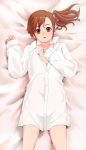  blush brown_hair dress_shirt futami_mami hand_on_own_chest hand_to_chest idolmaster idolmaster_2 lying on_back open_shirt oversized_clothes oversized_shirt pettan_p shirt side_ponytail solo yellow_eyes 