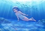  blue_hair caustic_lighting fish happy hat ikamusume isou_nagi long_hair one-piece_swimsuit shinryaku!_ikamusume solo starfish swimming swimsuit tentacle_hair underwater 