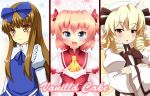  3girls alternate_eye_color alternate_hair_color ascot blue_eyes bow crossed_arms drill_hair fang hair_bow hat kane-neko long_hair luna_child multiple_girls open_mouth orange_hair short_hair smile star_sapphire sunny_milk touhou twintails wings 