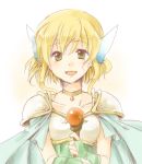  1girl :d blonde_hair bridal_gauntlets cape feather fire_emblem fire_emblem:_seisen_no_keifu fire_emblem:_thracia_776 fire_emblem_thracia_776 green_eyes looking_at_viewer lowres nanna_(fire_emblem) open_mouth pauldrons short_hair smile solo staff unagi_(kobucha_blaster) 