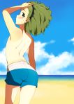  beach green_eyes green_hair hairband idolmaster idolmaster_2 jinichu male mitarai_shouta short_hair shorts swim_trunks tan tanline 
