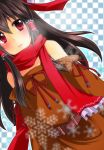 adapted_costume alternate_costume bare_shoulders belt black_hair brown_hair bust checkered checkered_background dutch_angle hair_tubes hakurei_reimu monrooru perfect_cherry_blossom red_eyes red_scarf scarf snowflakes solo touhou 