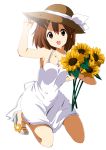  1girl bare_shoulders blush brown_eyes brown_hair dress flower hair_ornament hairclip hand_on_hat hat hirasawa_yui k-on! kneeling looking_at_viewer open_mouth open_toe_shoes ragho_no_erika sandals short_hair smile solo sun_hat sundress sunflower 