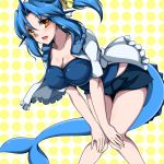  1girl artist_request blue_hair blush breasts cleavage long_hair monster_girl open_mouth personification pokemon ponytail shorts smile solo tail vaporeon yellow_eyes 