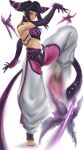  abs baggy_pants black_hair blush bracelet butterfly drill_hair elbow_gloves fighting_stance gloves han_juri highres jewelry muscle spiked_bracelet spikes standing_on_one_leg street_fighter street_fighter_iv twin_drills 