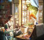  book bottle braid calendar_(object) cat chair closed_eyes com_kom cup eyes_closed facial_hair freckles glasses green_eyes mouse original picnic_basket red_hair redhead room shelf sitting smile stubble teacup tree twin_braids 
