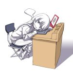  chair commentary copyright_request desk empty_eyes giving_up_the_ghost long_hair lowres matsuryuu solo spot_color tablet track_suit 