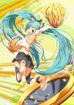  absurdres aqua_eyes aqua_hair armpits bun150 cheerleader detached_sleeves from_behind hatsune_miku highres jumping long_hair looking_back midriff necktie open_mouth pom_poms skirt smile solo star sweat twintails very_long_hair vocaloid 
