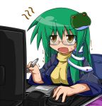  bespectacled computer frog glasses green_hair honehone japanese_clothes kochiya_sanae kotatsu long_hair monitor snake solo stylus table tablet touhou trembling yellow_eyes 