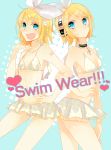  bad_id bikini bikini_skirt blonde_hair blue_eyes blush bow dual_persona flat_chest hair_bow headphones highres kagamine_rin kagamine_rin_(append) kawara locked_arms multiple_girls multiple_persona project_diva project_diva_2nd swimsuit vocaloid vocaloid_append 