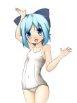  blue_eyes blue_hair bow cirno hair_bow kinakomoti one-piece_swimsuit open_mouth school_swimsuit simple_background skin_tight solo swimsuit touhou white_school_swimsuit white_swimsuit 