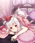  :3 animal_ears barefoot bed blanket blush hat inubashiri_momiji looking_at_viewer lying on_stomach pillow red_eyes short_hair silver_hair sleeveless solo sugimeno tail tokin_hat touhou wolf_ears wolf_tail 
