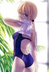  absurdres ahoge ass back blonde_hair competition_swimsuit fate/stay_night fate/zero fate_(series) green_eyes highres light_smile long_hair looking_back one-piece_swimsuit ponytail saber solo swimsuit takeuchi_takashi towel wet 
