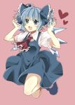  ahoge alternate_hairstyle ascot blue_dress blue_eyes blue_hair blush bow cirno dress fang hair_bow hand_in_hair heart highres jumping mitsu_yomogi open_mouth short_hair simple_background smile solo touhou twintails wings 