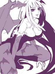  1girl breasts capcom cleavage darkstalkers head_wings lipstick makeup morrigan_aensland pantyhose smile solo tayoko tegaki vampire_(game) wings 