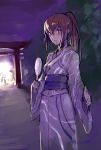  blush brown_hair face fan japanese_clothes kimono kitsunen_(kitune_n) kitunen long_hair makise_kurisu night obi paper_fan ponytail sketch solo steins;gate torii uchiwa yukata 