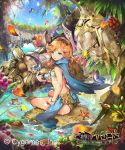  1girl armor blue_cape brown_hair butterfly coconut copyright_name crab drinking_straw food fruit granblue_fantasy grapes grey_eyes headband khanshin midriff petals pond shingeki_no_bahamut sitting starfish wristband 