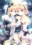  blue_eyes bow brother_and_sister dress elbow_gloves formal frills gloves hair_ribbon hat hug jewelry kagamine_len kagamine_rin kamui_(kamuikaoru) mini_top_hat necklace ribbon short_hair siblings sitting top_hat twins vocaloid 