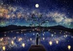  amemura amemura_(caramelo) full_moon hatsune_miku japanese_clothes kimono lake lamp moon night reflection sky solo standing star_(sky) tanabata twintails vocaloid 