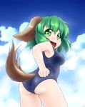  animal_ears ass dog_ears from_behind green_eyes green_hair highres kasodani_kyouko kusaba looking_back one-piece_swimsuit open_mouth school_swimsuit short_hair solo swimsuit tail touhou 