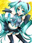  :d aqua_eyes aqua_hair detached_sleeves hatsune_miku highres komo_egg long_hair midriff navel necktie open_mouth pom_poms skirt smile solo thigh-highs thighhighs twintails very_long_hair vocaloid 