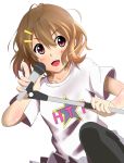  bad_id brown_eyes brown_hair clothes_writing clothing_writing highres hirasawa_yui k-on! microphone microphone_stand pantyhose short_hair t-shirt wafoo 