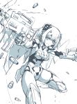 1girl armor breasts cleavage clenched_teeth date_a_live dual_wielding gun monochrome nightmaremk2 shell_casing short_hair solo tears tobiichi_origami weapon 