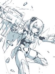  1girl armor breasts cleavage clenched_teeth date_a_live dual_wielding gun monochrome nightmaremk2 shell_casing short_hair solo tears tobiichi_origami weapon 