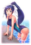  blue_hair blush competition_swimsuit e20 long_hair one-piece_swimsuit open_mouth ponytail quiz_magic_academy swimsuit very_long_hair water yuri_(quiz_magic_academy) 