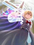  alternate_color belt belt_buckle blonde_hair bowtie cape cross from_below looyen okazaki_yumemi player_2 serious skirt solo stained_glass touhou touhou_(pc-98) vest yellow_eyes 