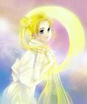  bishoujo_senshi_sailor_moon blonde_hair blue_eyes bow crescent_moon double_bun dress earrings elbow_gloves gloves jewelry kuraya long_hair moon solo tsukino_usagi twintails white_dress 