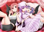  ;d ahoge ascot bat_wings blue_hair blush breasts couch crescent fang grin hat head_wings hug koakuma legs_up miki_plus miki_purasu miniskirt multiple_girls open_mouth patchouli_knowledge pink_hair purple_eyes purple_hair red_eyes remilia_scarlet sitting skirt smile the_embodiment_of_scarlet_devil touhou violet_eyes wings wink wrist_cuffs 