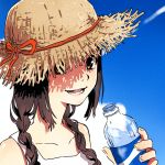  bottle braid brown_eyes clavicle cloud collarbone freckles hat kanro original sky smile solo straw_hat twin_braids water_bottle 