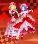  2girls aneogyps bat_wings blonde_hair blue_hair bow crossover dress elbow_gloves gloves grin hair_bow hair_ornament hat lambdadelta multiple_girls pumpkin red_eyes remilia_scarlet short_hair smile touhou umineko_no_naku_koro_ni wings 