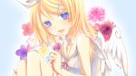  angel_wings blonde_hair blue_eyes fang flower hair_ornament hair_ribbon hairpin highres kagamine_rin open_mouth red_string ribbon short_hair sleeveless sleeveless_shirt smile solo string vocaloid wings yayoi_(egoistic_realism) 