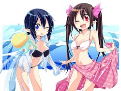  bandeau bikini blue_eyes blue_hair brown_hair dress_shirt front-tie_top hair_ribbon himekaidou_hatate long_hair matsuri_uta multiple_girls navel open_clothes open_shirt pointy_ears red_eyes ribbon sarong see-through shameimaru_aya shirt short_hair swimsuit touhou twintails very_long_hair water_gun wet wet_clothes wink 