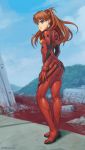  bird blood blue_eyes bodysuit boots brown_hair gloves hair_ornament highres long_hair looking_back neon_genesis_evangelion open_mouth plugsuit ponytail red_eyes ruins shikinami_asuka_langley sky solo soryu_asuka_langley souryuu_asuka_langley speh 