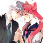  1girl adult bishoujo_senshi_sailor_moon chibi_usa couple forehead-to-forehead forehead_to_forehead formal hand_holding helios holding_hands necktie pink_hair ryoryo school_uniform serafuku suit twintails white_background 