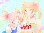  :o bad_id bare_shoulders bishoujo_senshi_sailor_moon blonde_hair cake chibi_usa child double_bun eating finger_in_mouth food fruit happy_birthday motamota multiple_girls pale_color pale_colors pink_hair strawberry tsukino_usagi twintails 