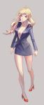  1girl blue_eyes breasts business_suit cleavage female formal hidezi high_heels highres large_breasts legs lips long_hair long_legs miniskirt no_bra office_lady original pigeon-toed pigeon_toed popped_collar red_shoes shirt shoes skirt skirt_suit solo suit thighs unbuttoned walking 